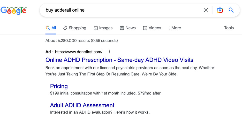 Google Ad search result for buy adderall online from ADHD treatment provider Done