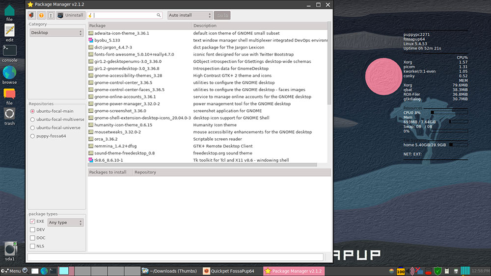 FossaPup Linux comes with Ubuntu and in-house-built Puppy Linux applications.