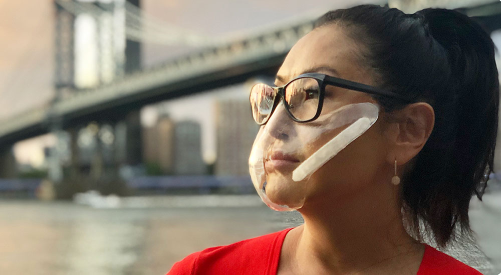 Alice Chun wearing transparent face mask